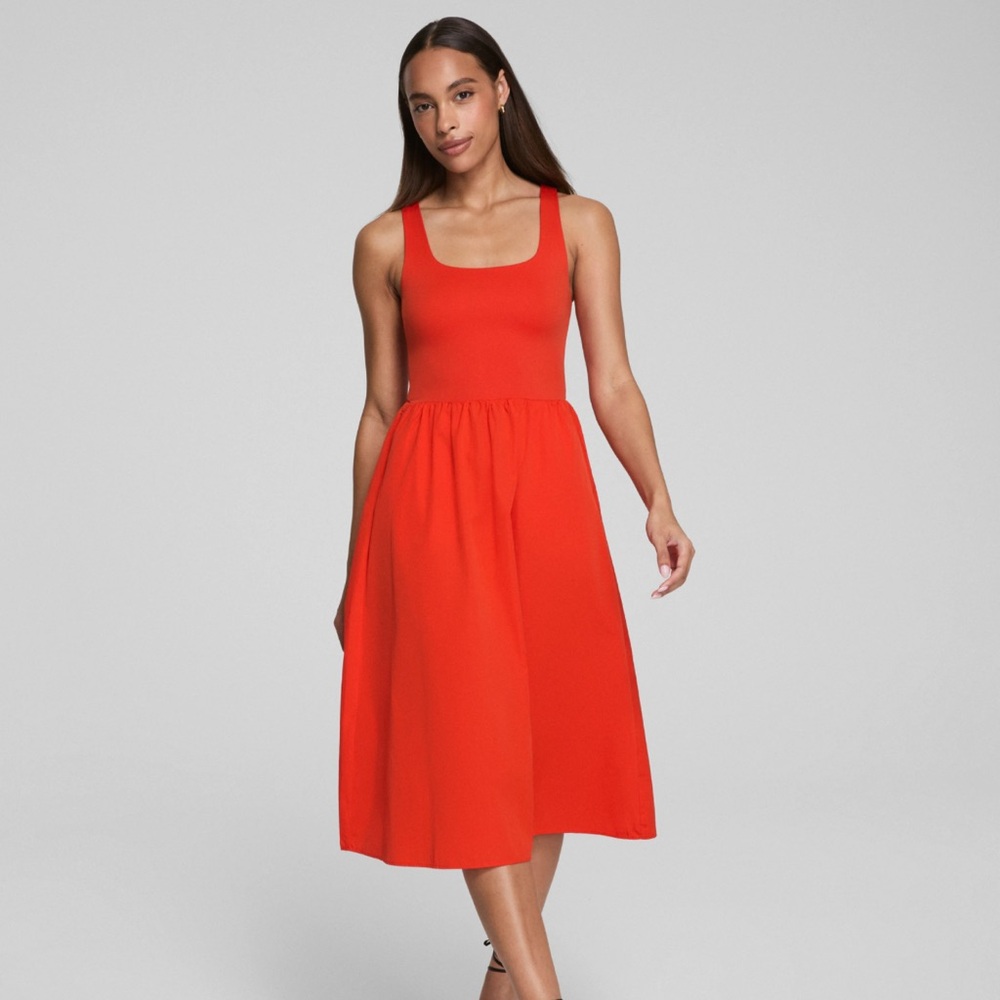 Spanx Mixed Media Smooth Jersey Elegant Red Midi Dress NWT